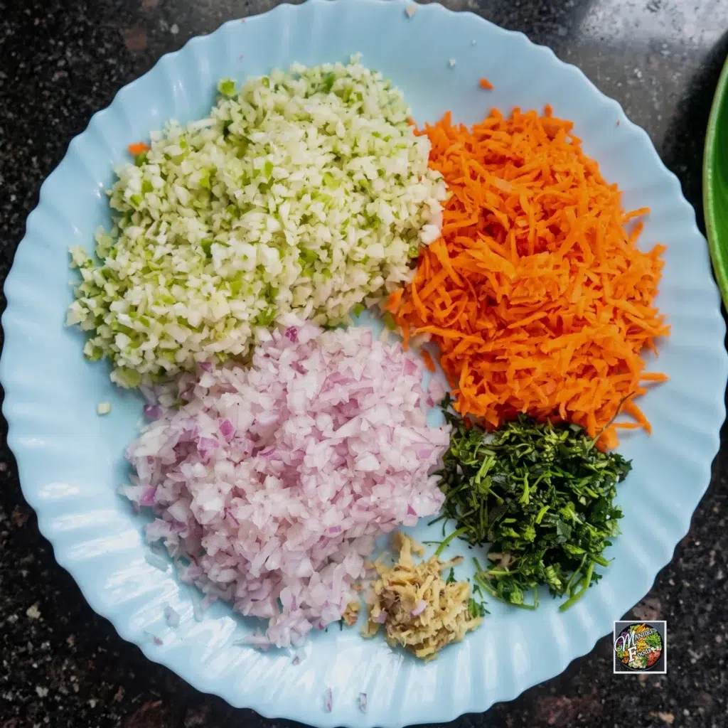 How To Make Appe From Jowar Flour | Jowar Flour Appe Finely chopped cabbage, carrots, onions, ginger, and coriander on a plate