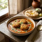 Three crispy kofta dumplings in reddish curry with naan and pickles